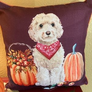 Fall Pillow with Pumpkins -&- Dog